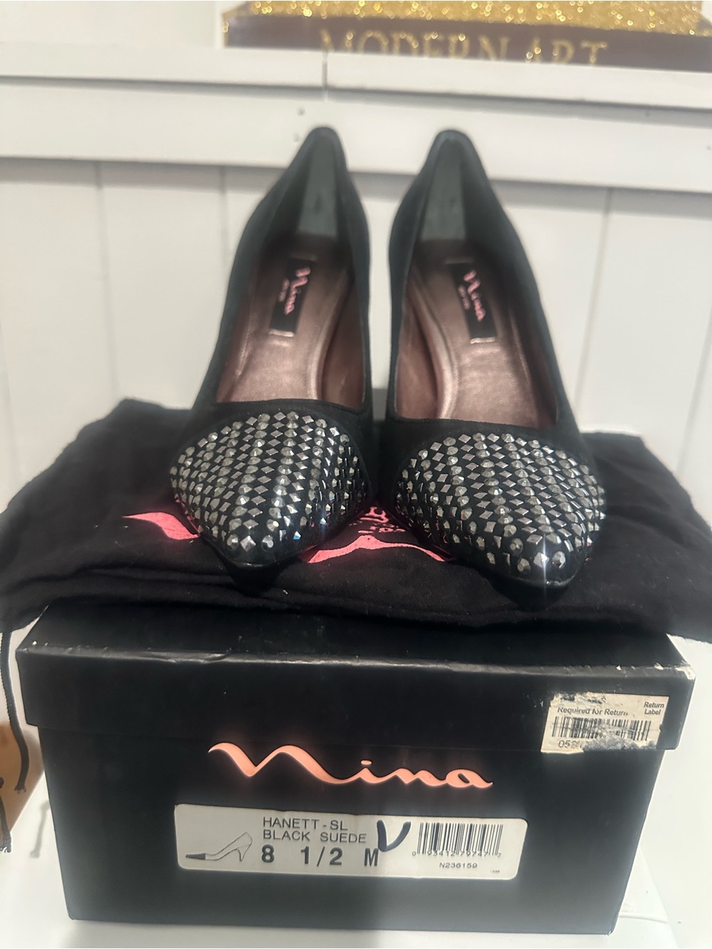 Nina Black Suede Pointed Toe Pumps with Silver Studs